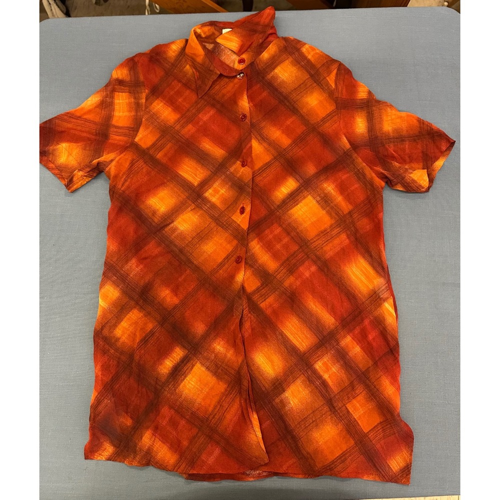 Bonita Vintage Plaid Button Down Shirt Orange Red Short Sleeve Womens Med M